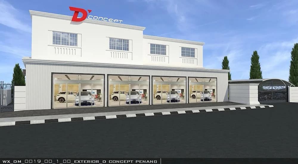 D’Concept: D’Concept facade lettering above the glazed showroom — client-supplied 3D concept