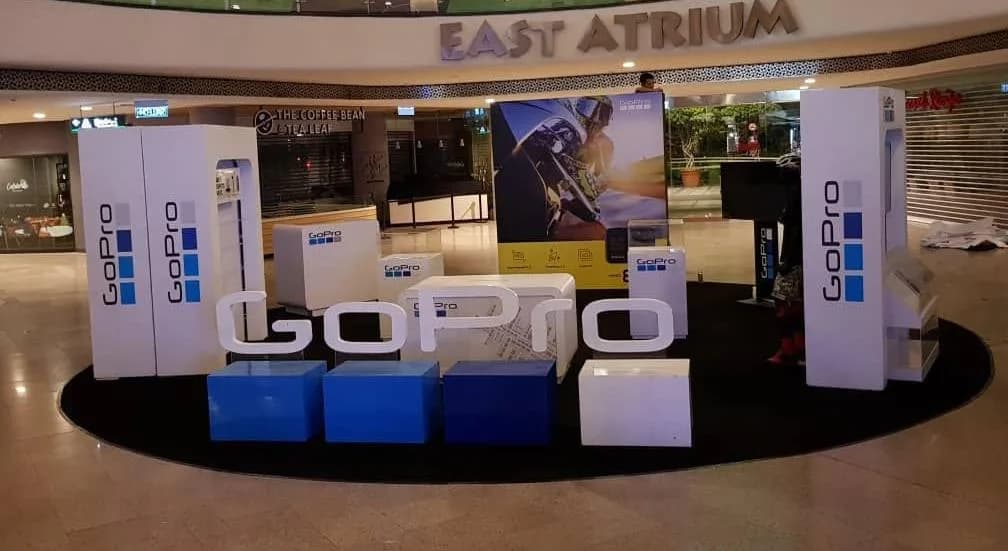 GoPro Roadshow: GoPro roadshow display with oversized lettering and branded pillars — actual site photograph