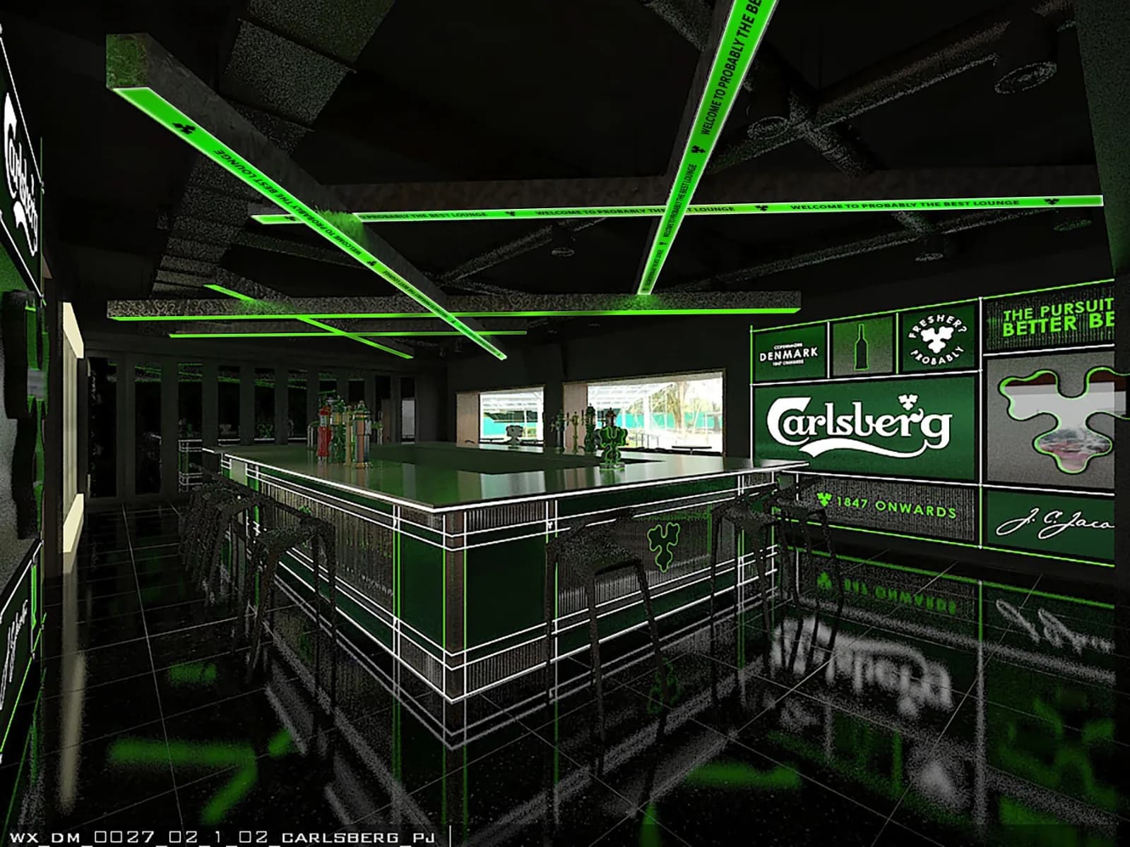 PTBL 3D concept showing Carlsberg bar branding and illuminated ceiling details